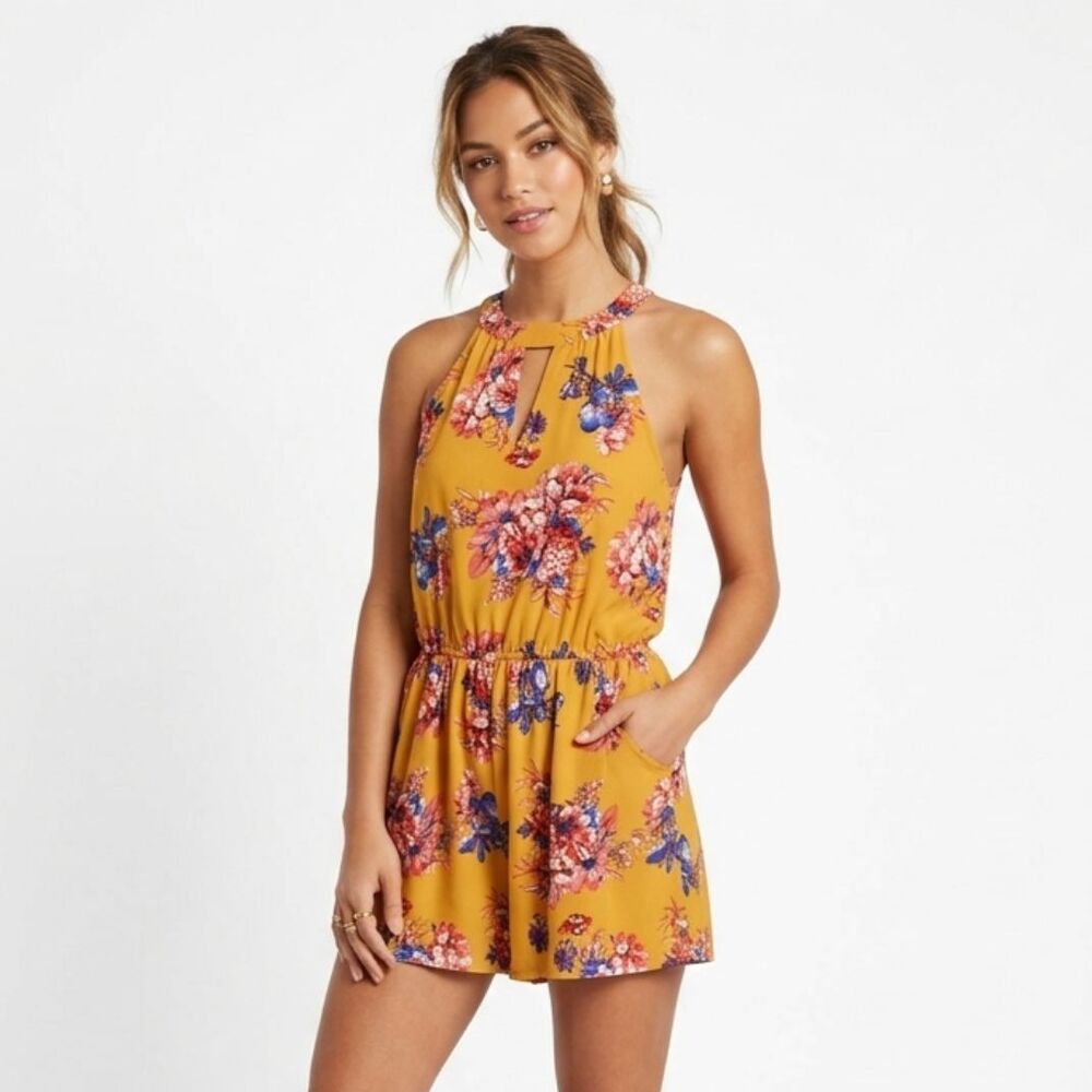 As U Wish Floral Halter Romper | Mustard Yellow | Size S‎ | Pockets!